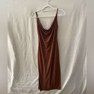 brown satin midi dress